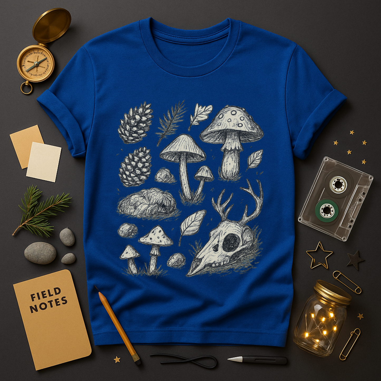 Forest Relics Tee — Forager Grid of Mushrooms & Antler Skull