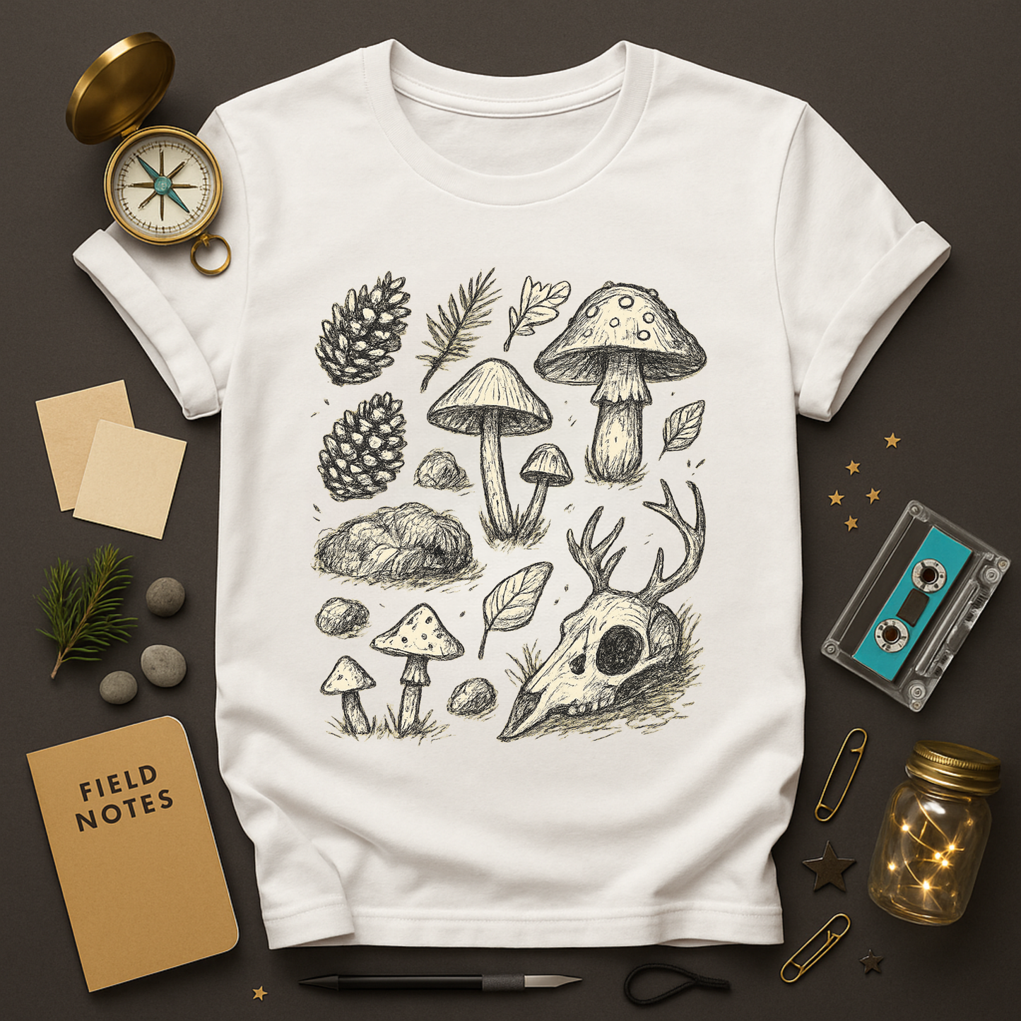 Forest Relics Tee — Forager Grid of Mushrooms & Antler Skull