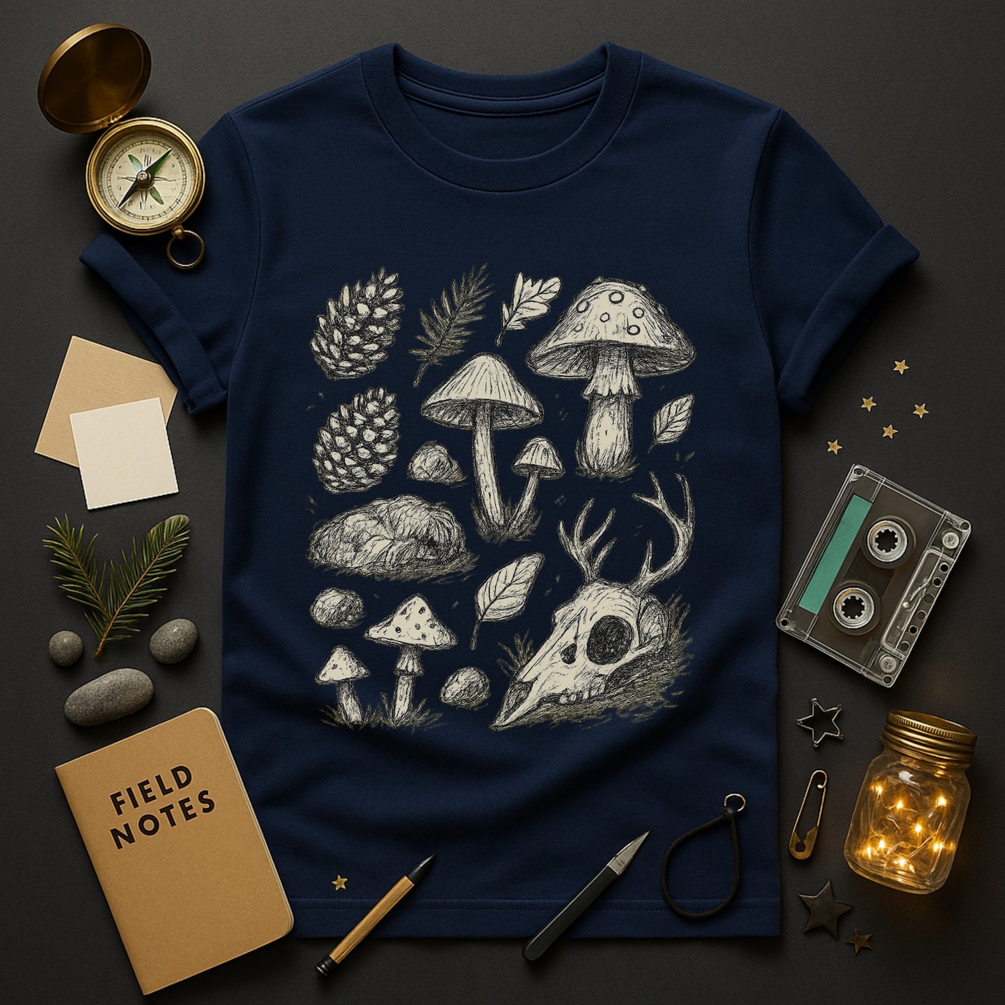 Forest Relics Tee — Forager Grid of Mushrooms & Antler Skull