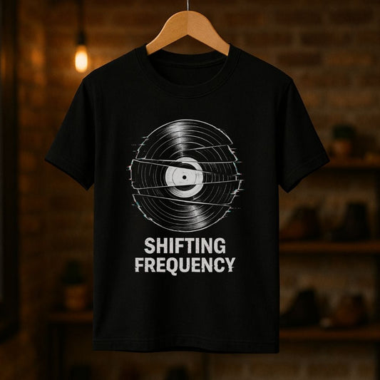 Black t-shirt with vinyl record design and 'Shifting Frequency' text on a wooden hanger against a dark background.