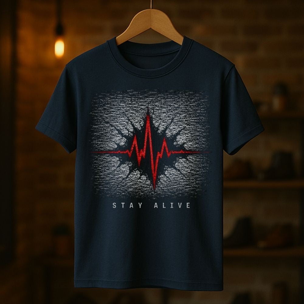 Navy blue t-shirt with a red and white graphic design on a wooden hanger against a dark background.