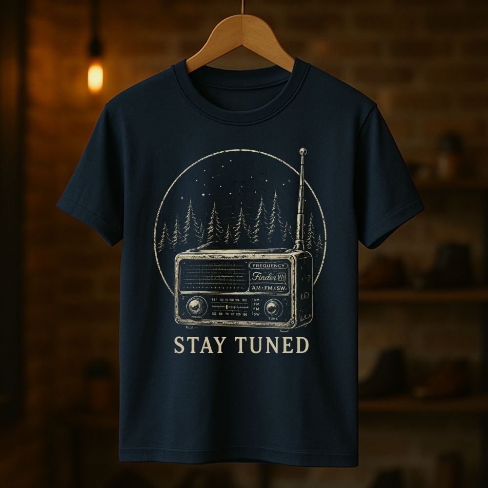 Navy blue t-shirt with a vintage radio graphic and 'Stay Tuned' text on a wooden hanger against a dark background.