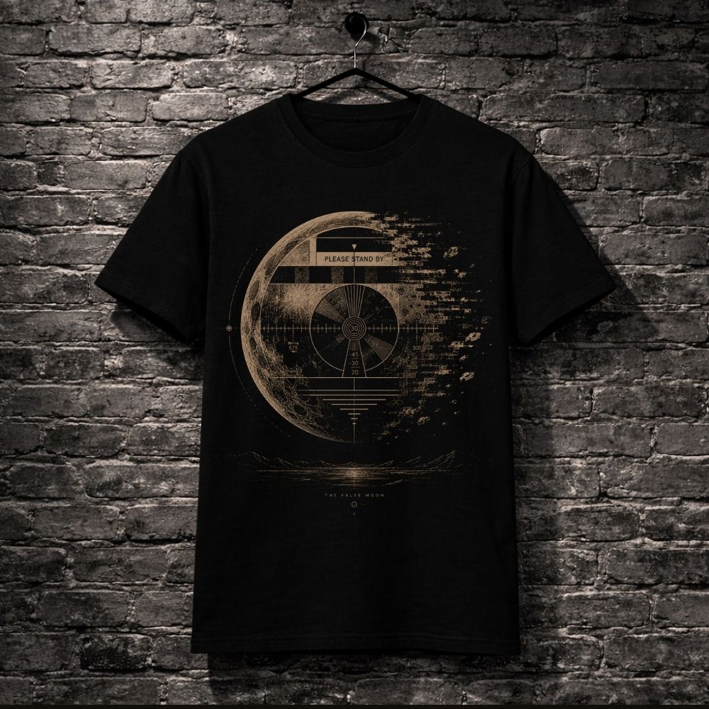 Black t-shirt with a gold graphic design on a brick wall background