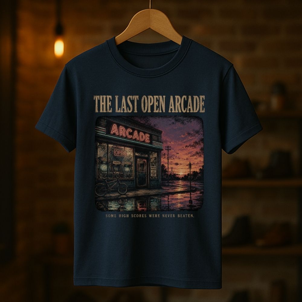 A navy blue graphic t-shirt hanging on a wooden hanger against a blurred warm-toned brick wall background. The shirt features a vintage-style graphic of an arcade store at sunset with the text 'THE LAST OPEN ARCADE' and 'SOME HIGH SCORES WERE NEVER BEATEN'.