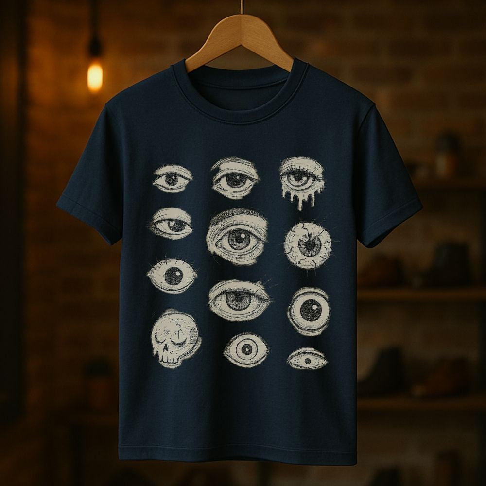 Navy Twistbug graphic T-shirt hanging in a warm studio with a surreal all-seeing eyes design