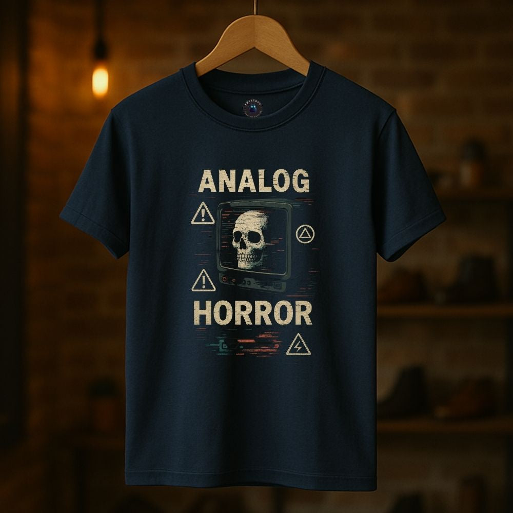 Navy blue T-shirt featuring Analog Horror skull on retro television graphic