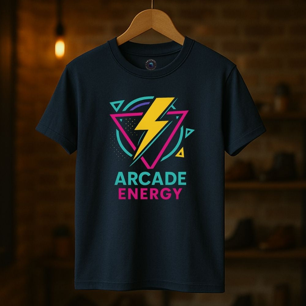 Navy Arcade Energy T-shirt on hanger with bold lightning bolt and colorful retro geometry, Twistbug arcade aesthetic tee