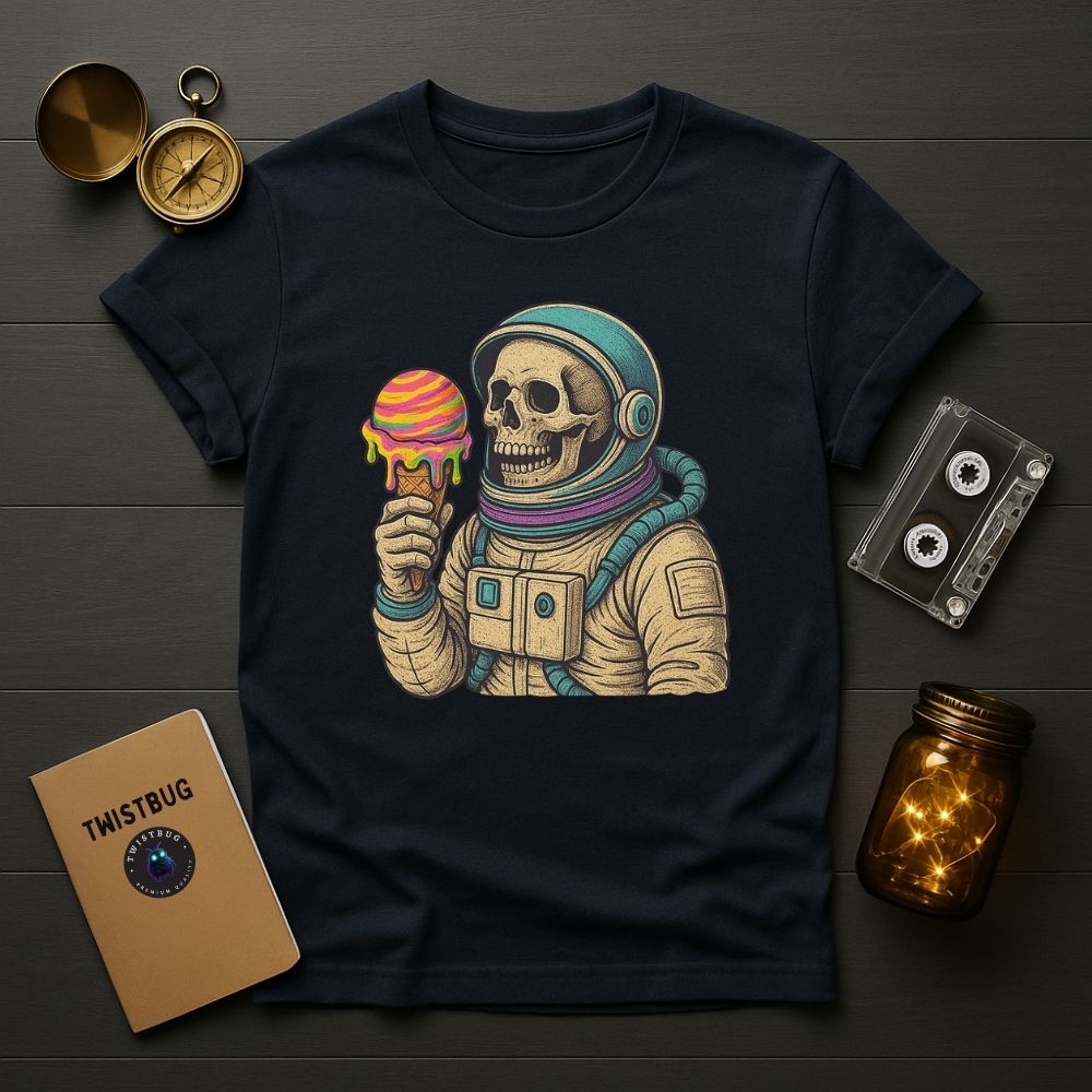 Navy blue astronaut skull ice cream graphic tee displayed flat with compass, notebook, and cassette for a cosmic retro look.