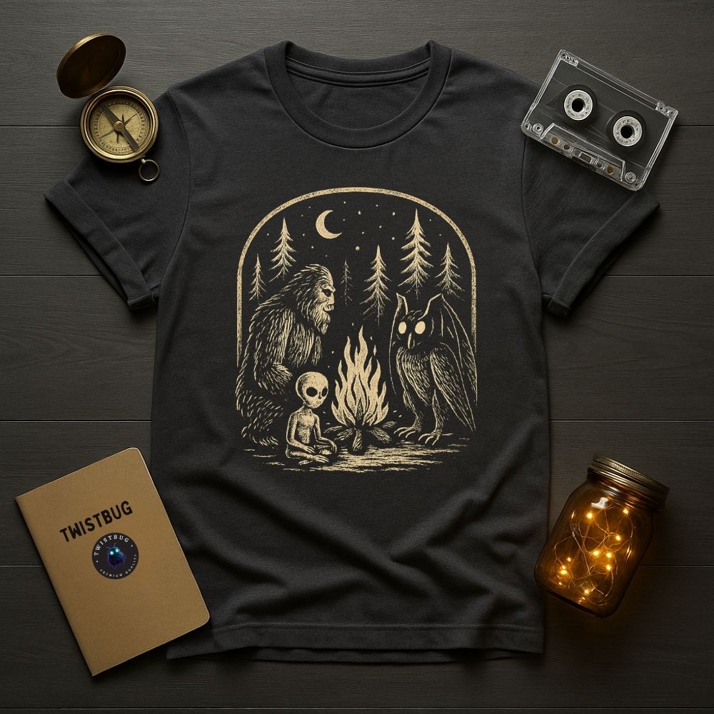 Flat lay of charcoal T-shirt with vintage one-color illustration of Bigfoot, an alien, and Mothman around a campfire beneath a crescent moon and pine trees; styled with brass compass, cassette tape, Twistbug notebook, and jar of warm fairy lights on dark wood.