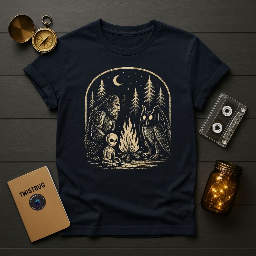 Navy T-shirt with vintage campfire cryptids illustration; flat lay with compass, cassette tape, Twistbug notebook, and glowing jar lights.