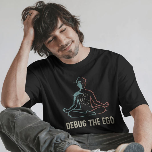 Man wearing black “Debug the Ego” T-shirt featuring meditating glitch figure design, light gray minimalist studio setting.