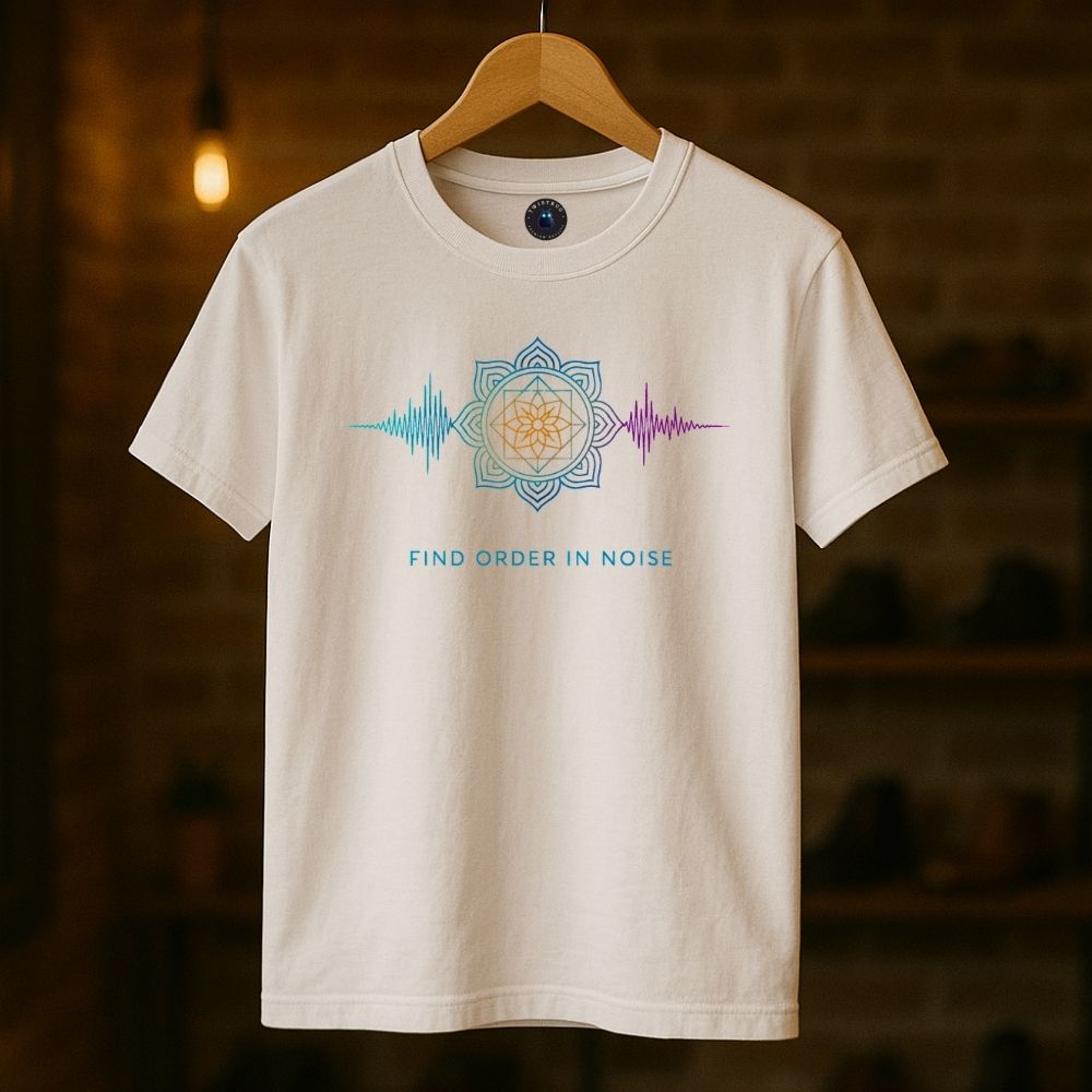 White Twistbug T-shirt on hanger with “Find Order in Noise” colorful mandala waveform print, boutique warm lighting.