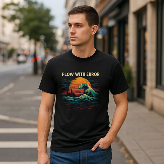 Man walking on urban street wearing black “Flow With Error” T-shirt with glitch wave design, calm confident look.