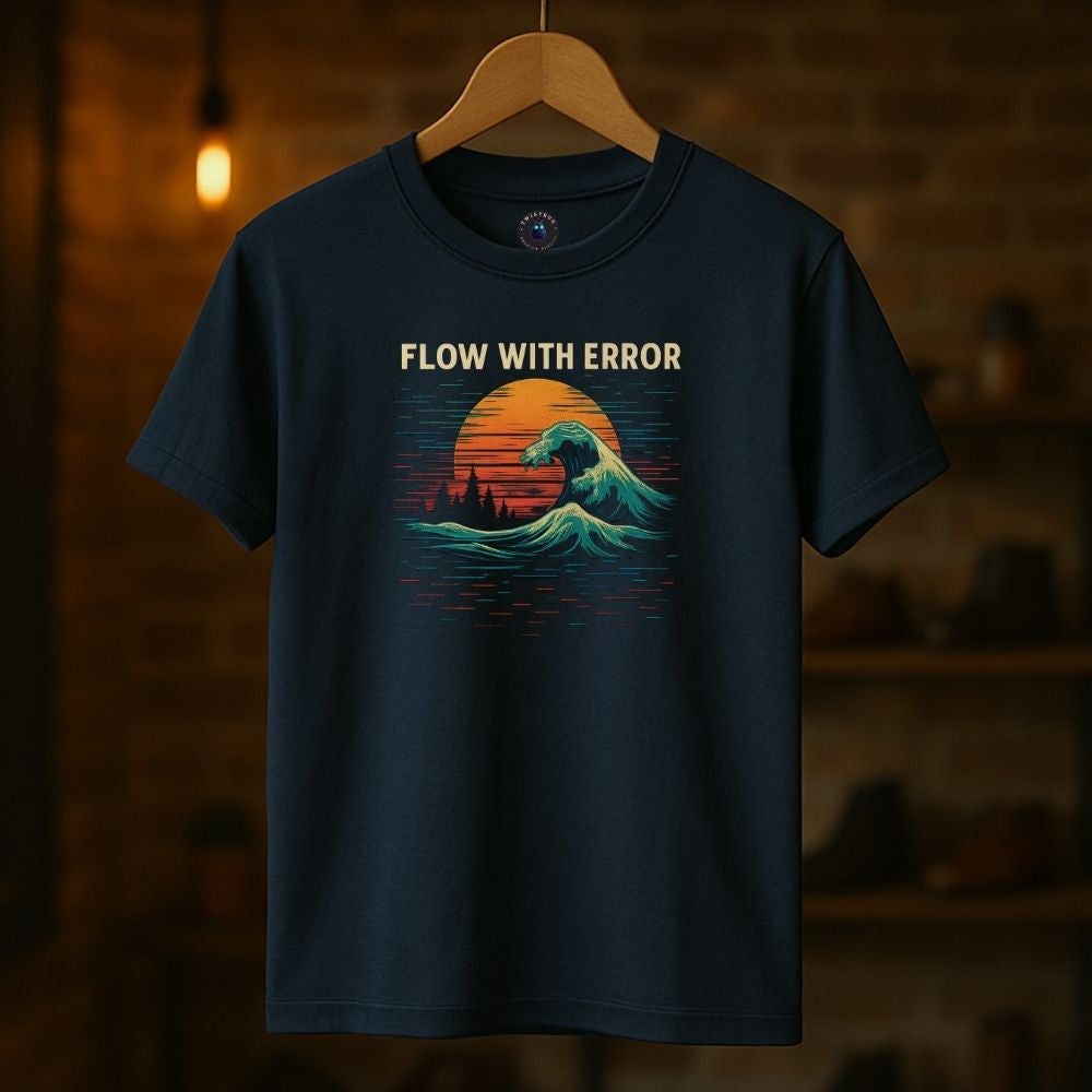 Navy “Flow With Error” T-shirt on hanger, featuring digital wave and sunset design, cozy boutique atmosphere.