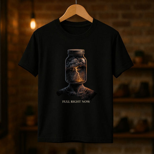 Black T-shirt hanging on a wooden hanger showing a surreal jar-head with lightning inside and the phrase “Full Right Now” in warm studio lighting.