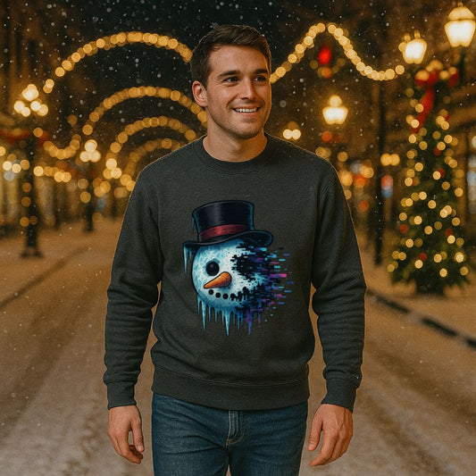 Man wearing Twistbug Glitchmas Snowmelt Snowman sweatshirt with glitchy melting snowman artwork, walking through festive city lights at night.