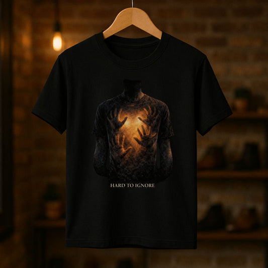 Black “Hard to Ignore” graphic T-shirt hanging on a wooden hanger in warm studio lighting, showing a glowing heart with hands reaching outward from the chest.