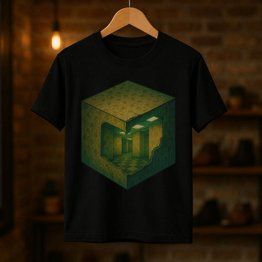 Black Twistbug T-shirt on a hanger with a glowing green cube and infinite hallway surreal design