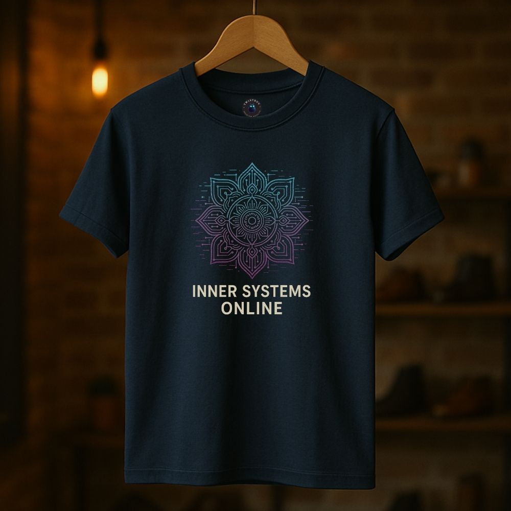 Navy “Inner Systems Online” T-shirt hanging in boutique, featuring glowing geometric mandala design with calm ambient lighting.