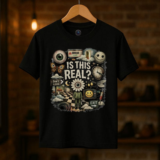Black unisex T-shirt hanging on wooden hanger with surreal “Is This Real?” collage design, dreamcore symbols and glitch aesthetics.