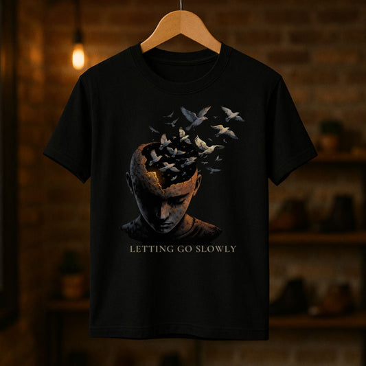 Black surreal graphic T-shirt hanging on a wooden hanger showing a cracked head with birds flying out and the words “Letting Go Slowly” in warm studio lighting