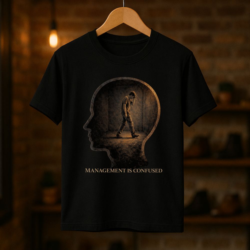 Black t-shirt hanging on a wooden hanger with surreal head silhouette artwork and ‘Management Is Confused’ text in a warm studio setting.