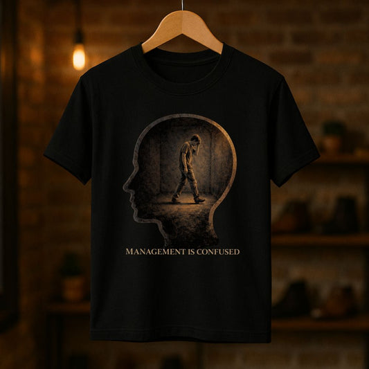 Black t-shirt hanging on a wooden hanger with surreal head silhouette artwork and ‘Management Is Confused’ text in a warm studio setting.
