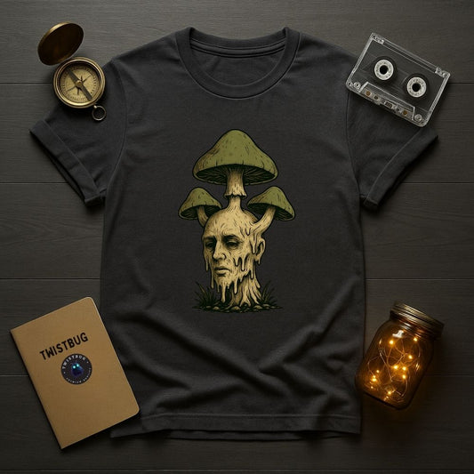 Dark gray T-shirt showing surreal mushroom head design, weirdcore forest aesthetic with nature rebirth symbolism.