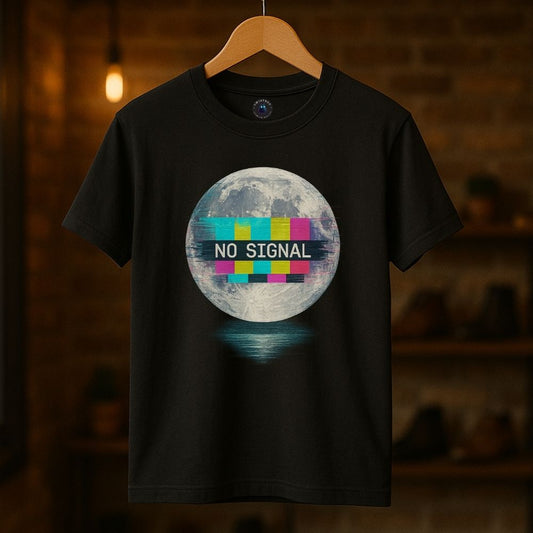 Black Twistbug t-shirt on hanger featuring glowing moon with colorful glitch bars and ‘No Signal’ text, boutique lighting.