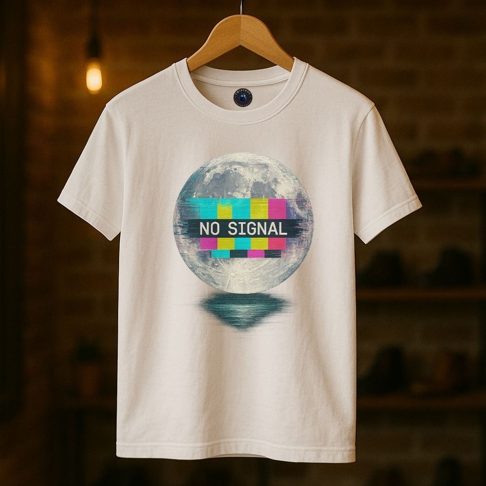 White Twistbug t-shirt on hanger displaying moon design with colorful static bars and ‘No Signal’ message, cozy boutique setting.