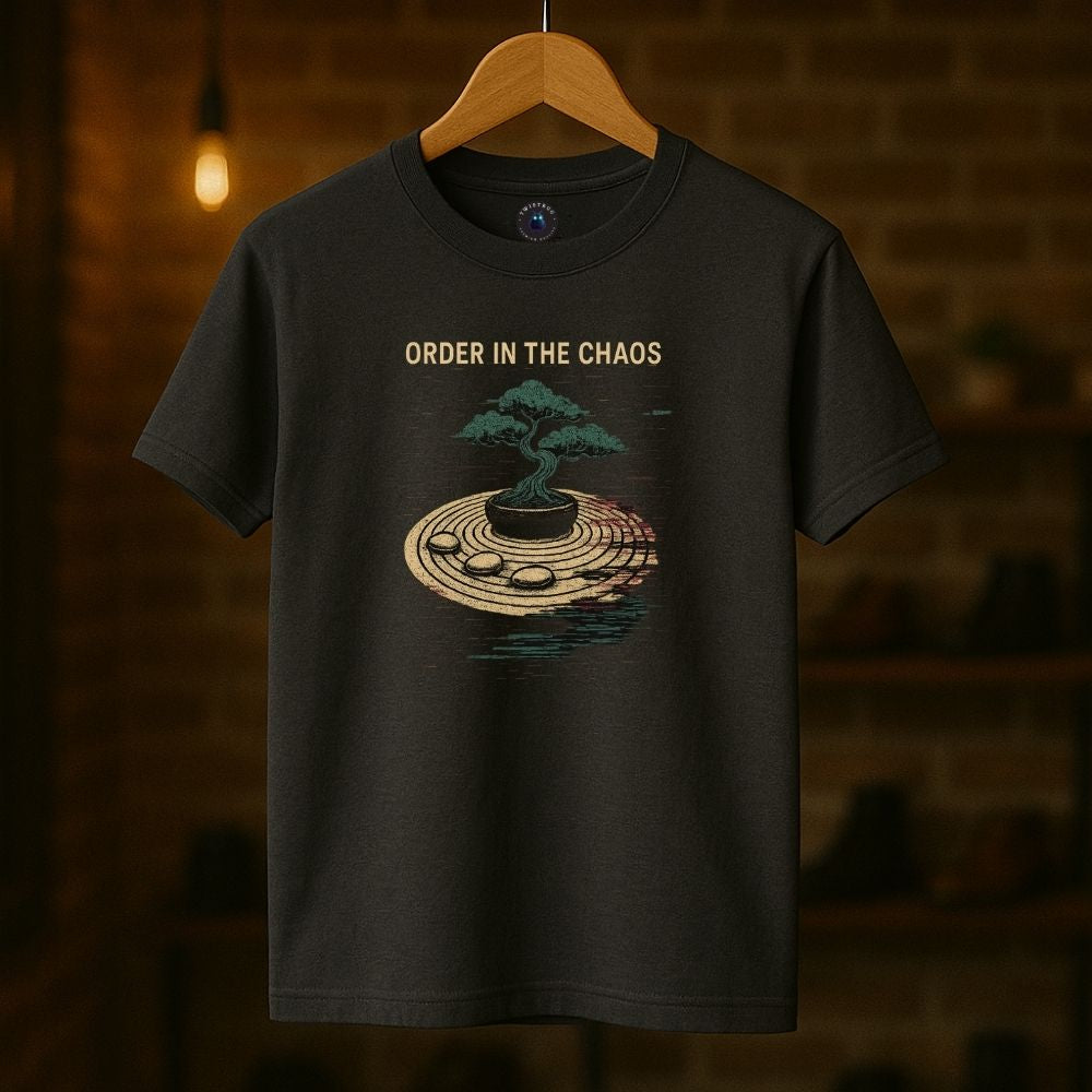 Charcoal “Order in the Chaos” bonsai tree T-shirt with minimalist glitch design, hanging under warm light.