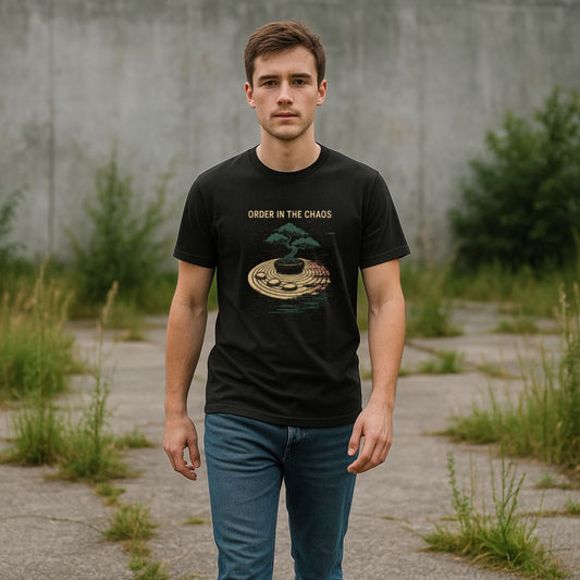 Man walking outdoors wearing black “Order in the Chaos” T-shirt featuring bonsai and zen circle glitch design, minimalist street setting.