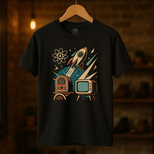 Retro futuristic rocket launch T-shirt in black, featuring vintage radio and CRT television graphics, hanging on wooden hanger in cozy studio.