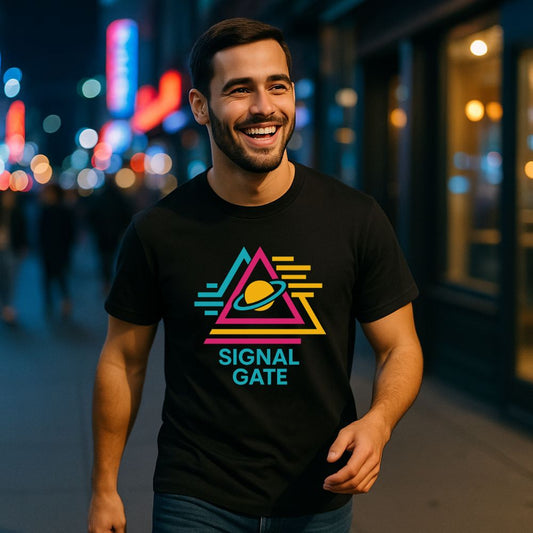 Male model wearing black Signal Gate T-shirt with neon planet triangle design walking through night city lights, retrofuturistic style