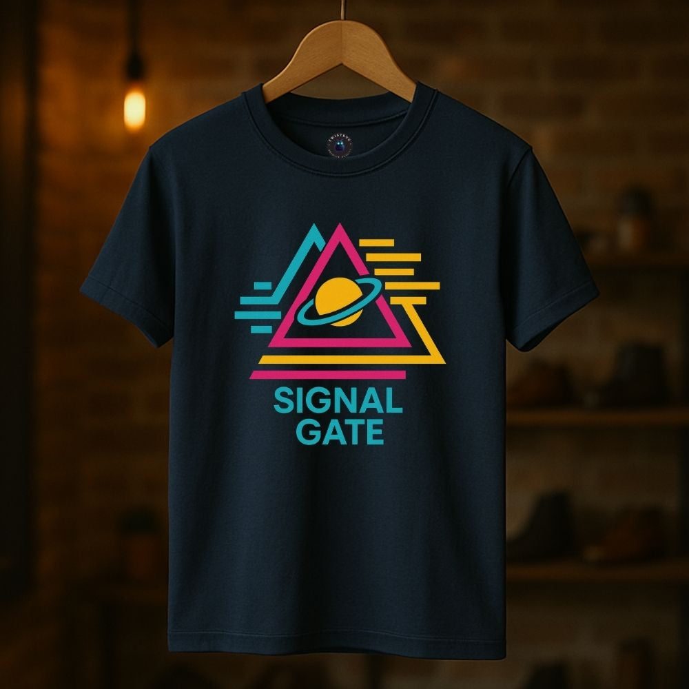 Navy Signal Gate T-shirt on hanger with vibrant planet symbol and neon geometric shapes, Twistbug retro design