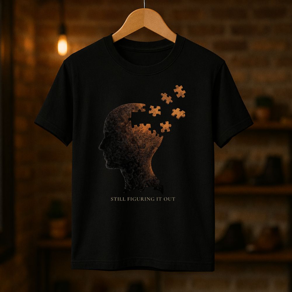 Black ‘Still Figuring It Out’ graphic T-shirt hanging on a wooden hanger, featuring a surreal puzzle-head design, photographed in a warm studio setting.