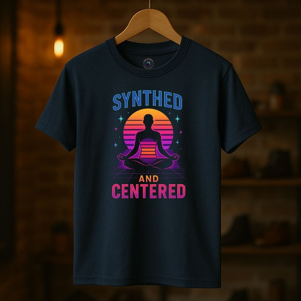Navy Synthed and Centered T-shirt on hanger with neon meditation silhouette and synthwave sun, retrofuturistic Twistbug apparel