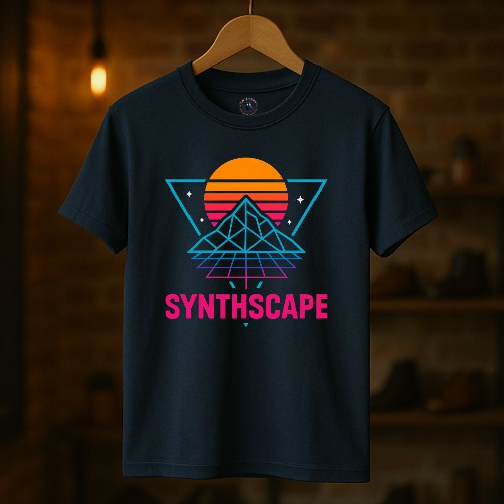 Navy Synthscape T-shirt on hanger with colorful retro pyramid and sun design, Twistbug retrofuturistic tee