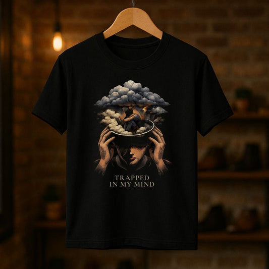 Black graphic T-shirt hanging on a wooden hanger featuring a surreal cloudy head design with the text “Trapped in My Mind” in a warm studio setting