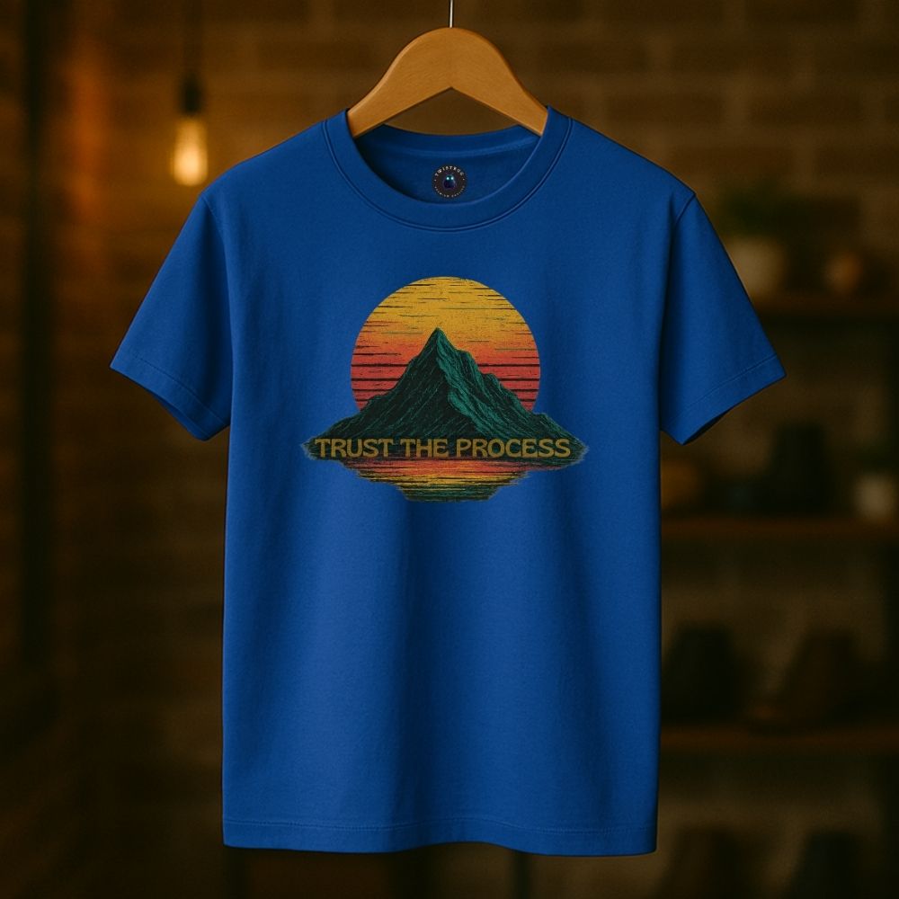 Royal blue Twistbug T-shirt showing “Trust the Process” retro mountain design, boutique lighting setting.