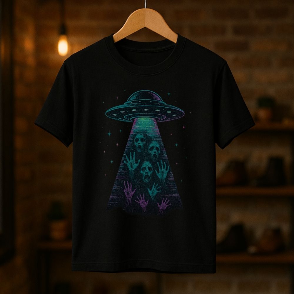 Black Twistbug T-shirt on a hanger featuring a neon-style UFO abduction scene with ghostly figures and starry space details