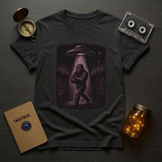 Black t-shirt with a graphic design of a UFO and Bigfoot, placed on a wooden surface with a notebook, compass, and jar.
