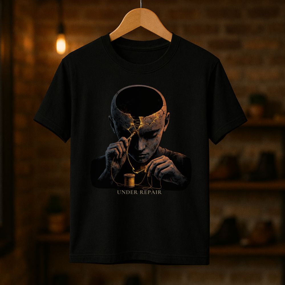 Black graphic t-shirt hanging on a wooden hanger featuring a cracked head sewing itself with glowing thread and the words Under Repair