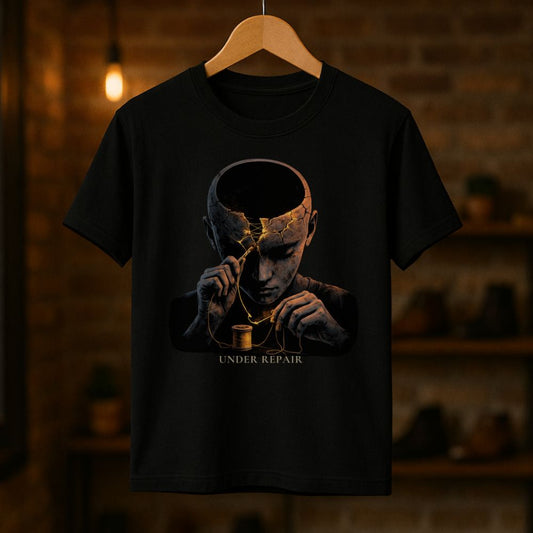 Black graphic t-shirt hanging on a wooden hanger featuring a cracked head sewing itself with glowing thread and the words Under Repair