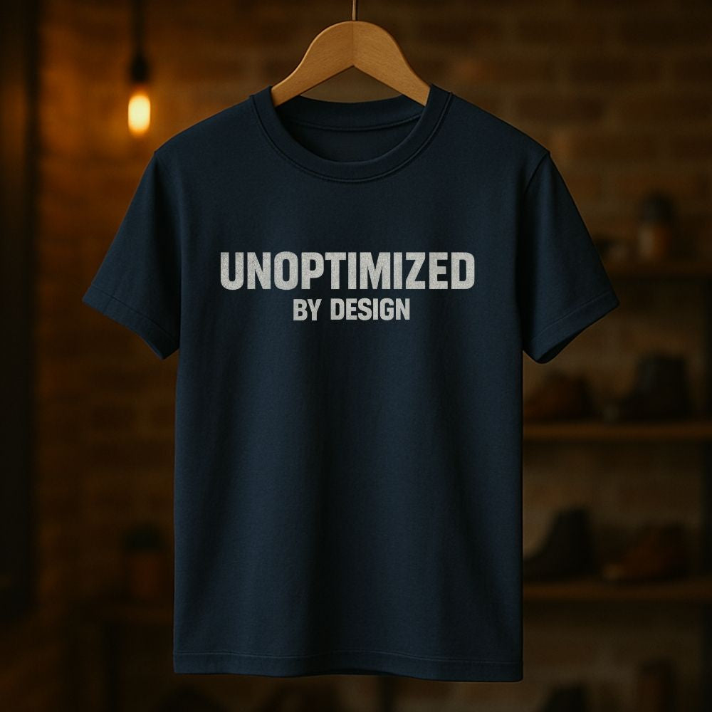 Black t-shirt with 'UNOPTIMIZED BY DESIGN' text on a wooden hanger against a dark background
