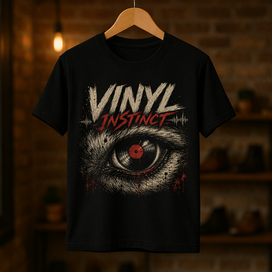 Black t-shirt with 'Vinyl Instinct' design on a wooden hanger against a dark background