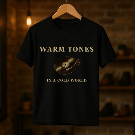 Warm Tones in a Cold World analog soul t-shirt hanging on black fabric background