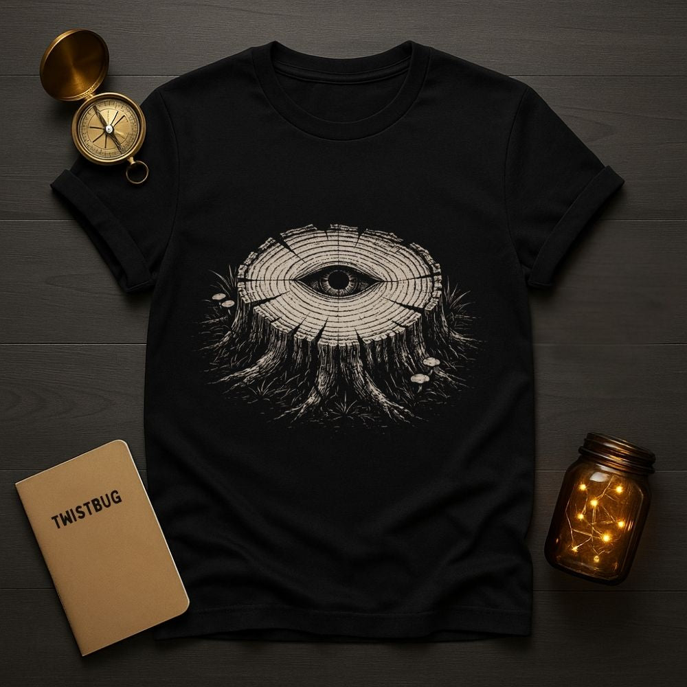 Black t-shirt with eye design, compass, notebook, and jar on a wooden surface