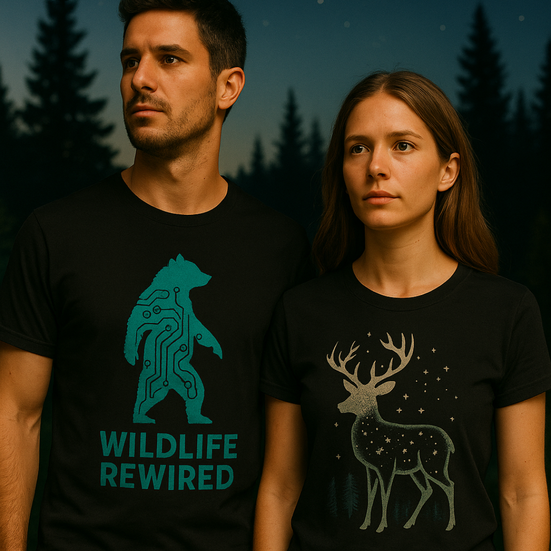 "Models wearing Wildlife Rewired t-shirts featuring animal silhouettes filled with galaxies, mountains, and circuitry — surreal wildlife streetwear by Twistbug."