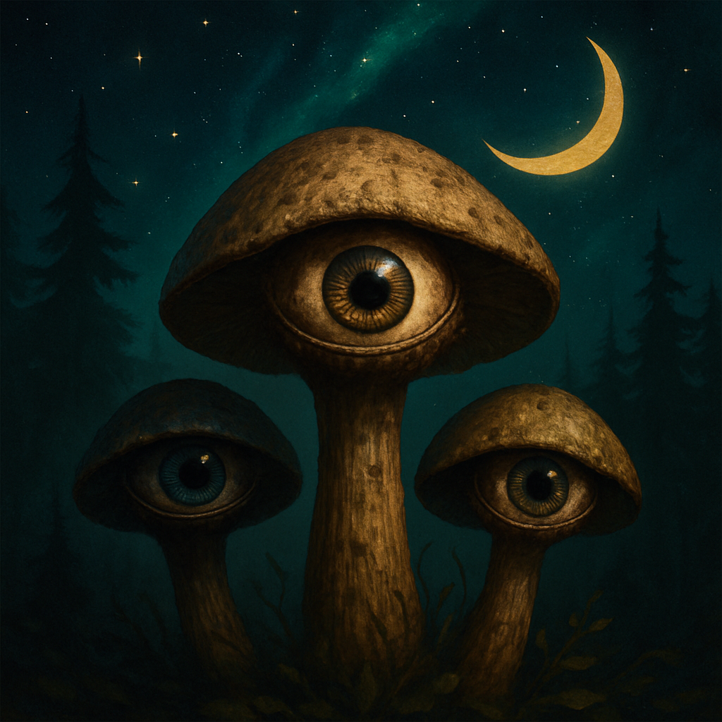 "Dark cosmic forest scene with glowing mushrooms featuring surreal human eyes, under a night sky of moons and stars — representing the Cosmic Weird t-shirt collection by Twistbug."